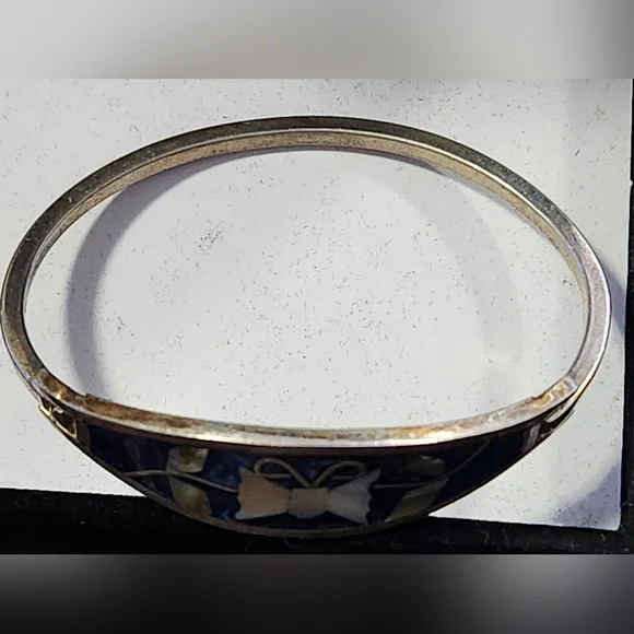 1970's MOP and Blue enamel Butterfly Alpaca Silver Hinged Bracelet - Picture 5 of 10